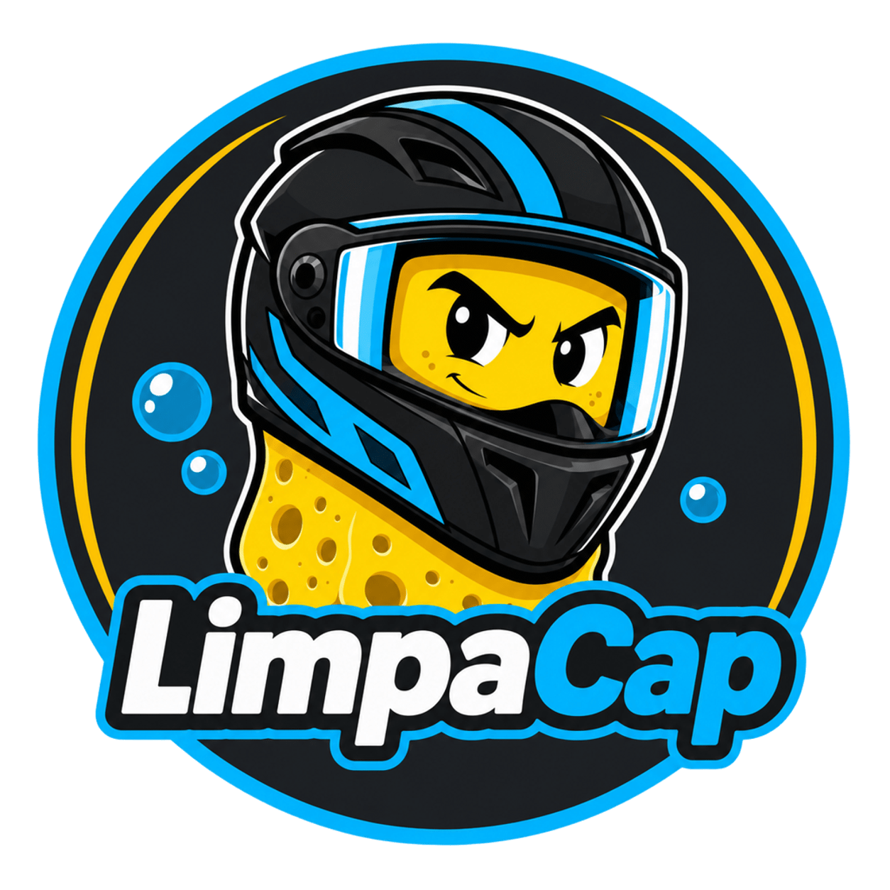 Logo LimpaCap: mascote motociclista de capacete com esponja e bolhas